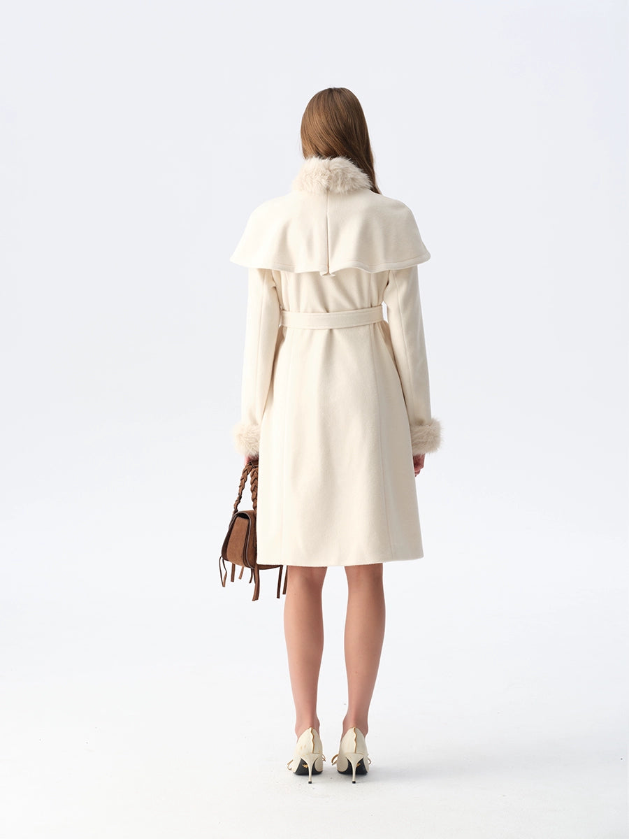 Detachable Fur Collar Cape Coat