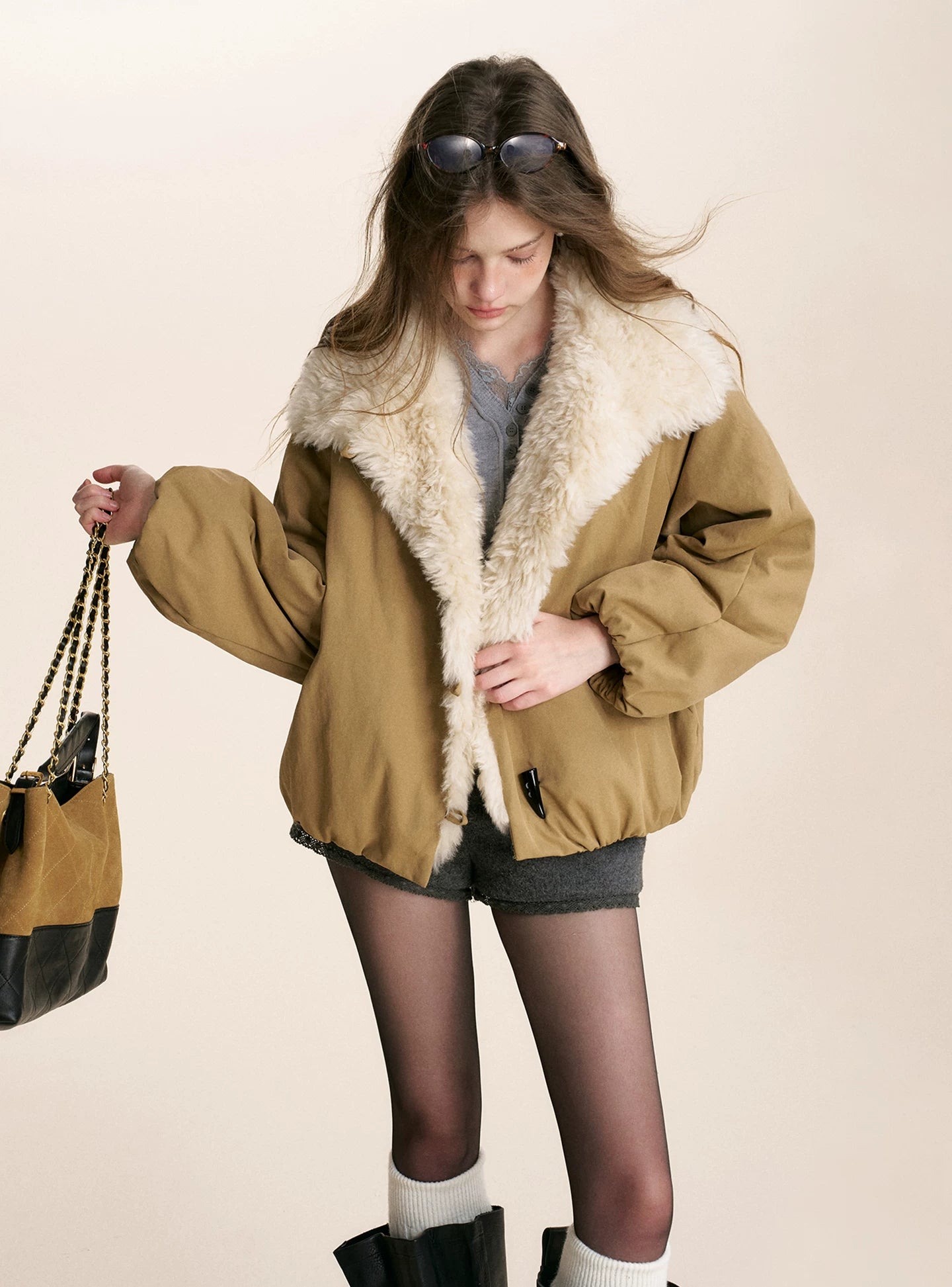 Khaki Shearling Collar Parka Jacket