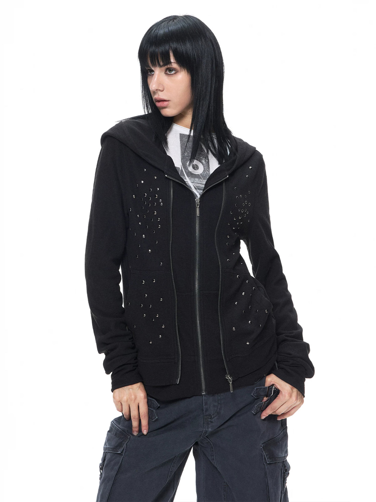 Black Studded Stripe Zip Hoodie
