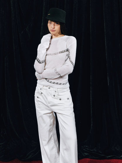 Snow-Washed Straight White Denim Pants