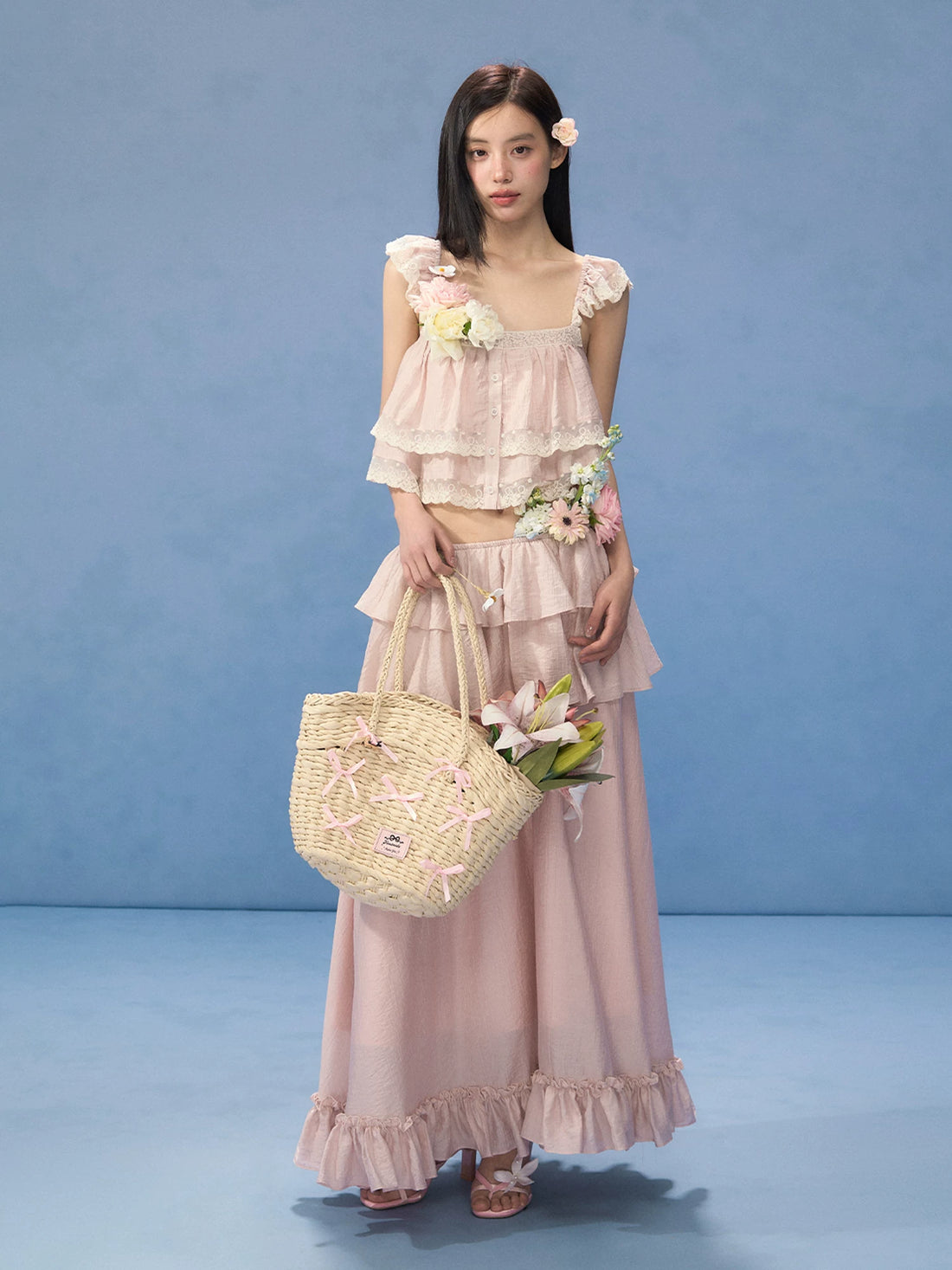 Pink Lace Square Neck Top &amp; Skirt Set