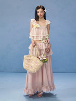 Pink Lace Square Neck Top & Skirt Set