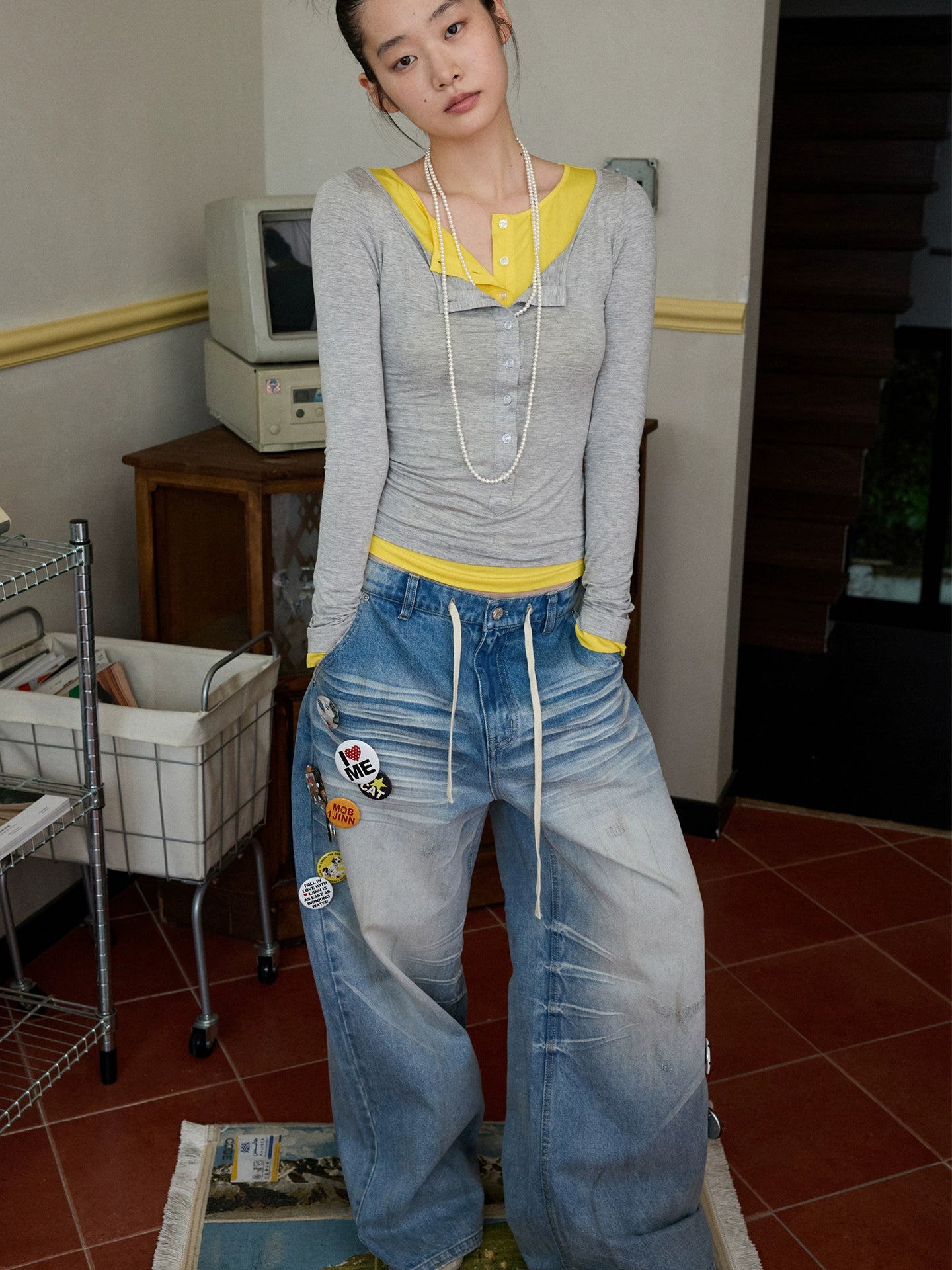 Contrast Layered Henley Blouse