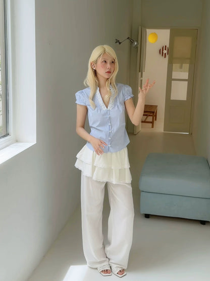 Layered Ruffle Wide-Leg Pants