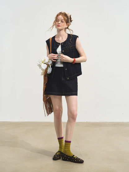 Layered Relaxed Denim Vest &amp; Skirt Set