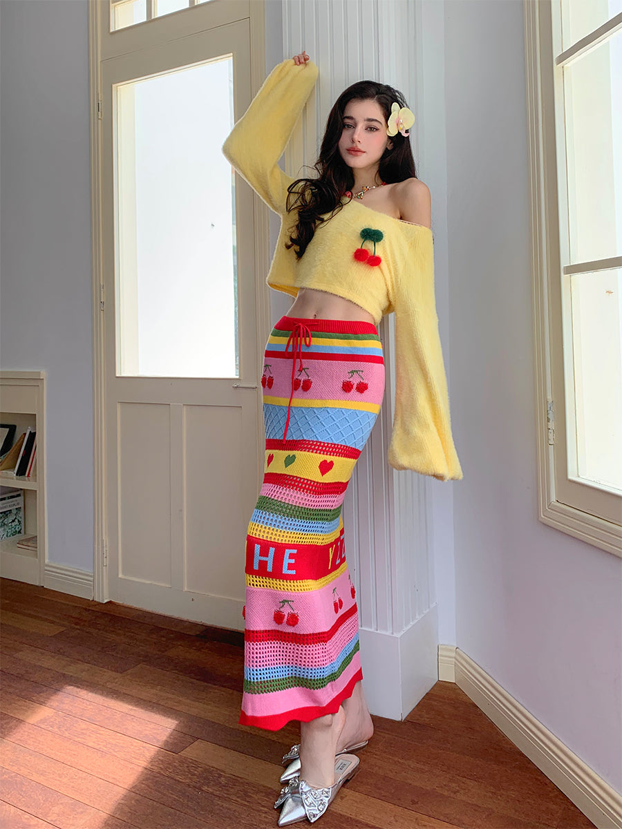 Soft Yellow Off-Shoulder Knit Sweater &amp; Skirt Set