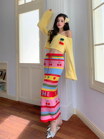 Soft Yellow Off-Shoulder Knit Sweater &amp; Skirt Set