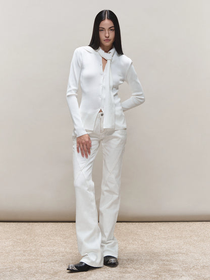 Vintage-Wash Seam-Panel White Jeans