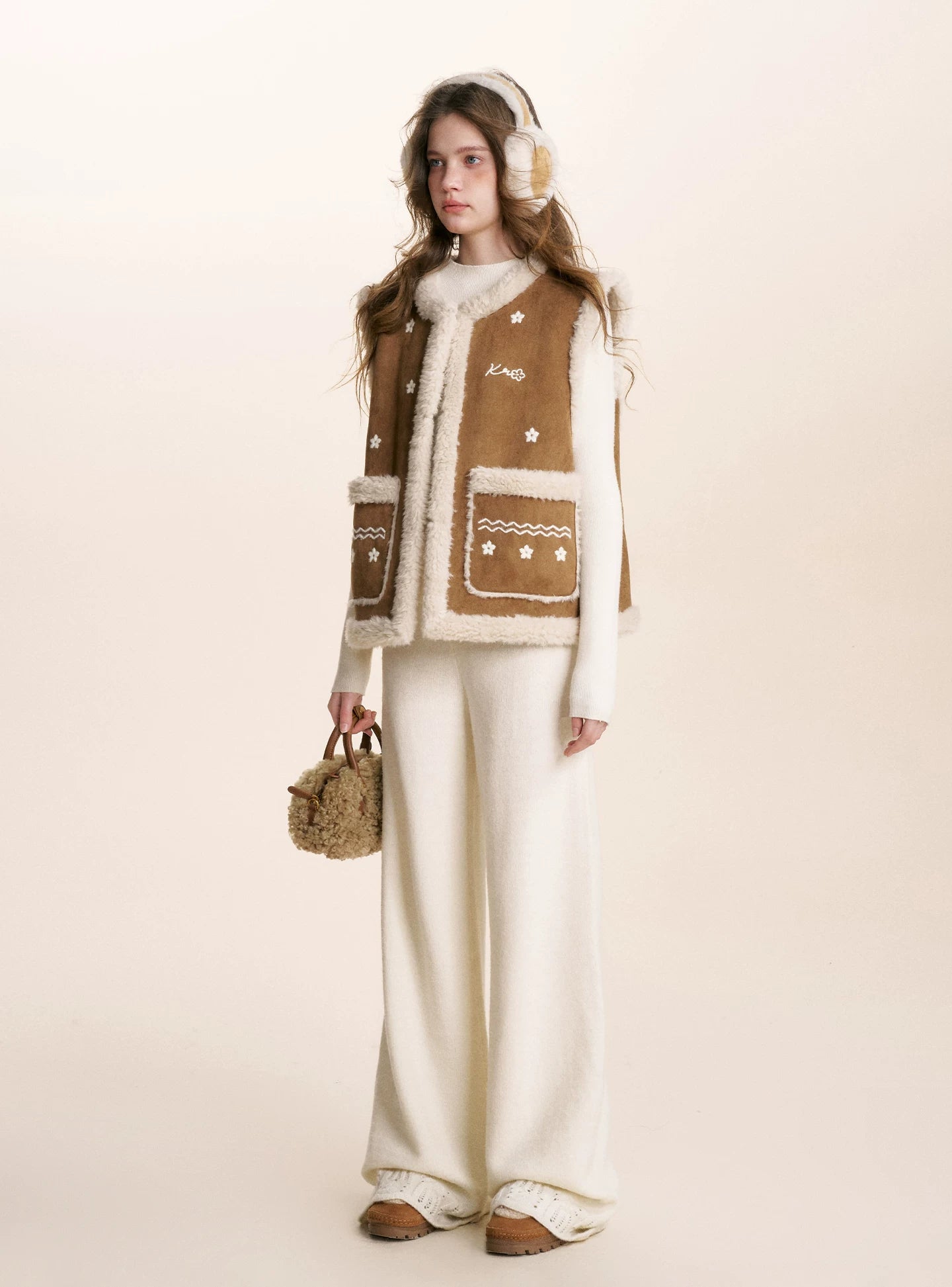 Brown Floral Shearling Vest