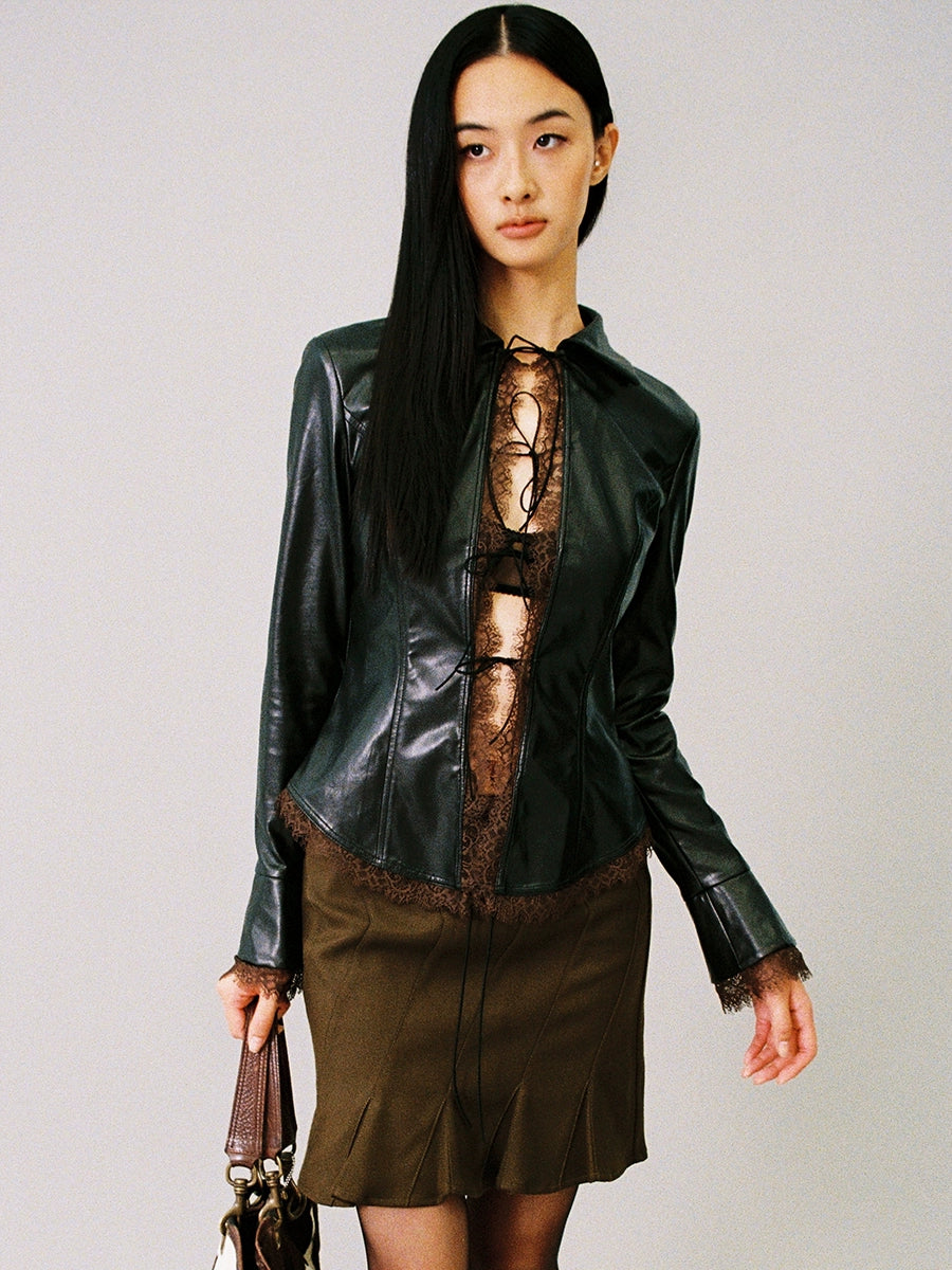 Faux-Leather Tie-Front Lace-Trim Cardigan