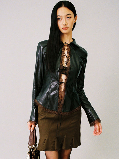 Faux-Leather Tie-Front Lace-Trim Cardigan