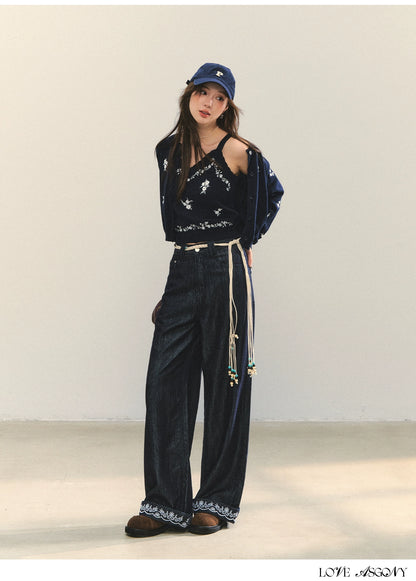 Navy Floral Embroidered Cardigan &amp; Camisole Set