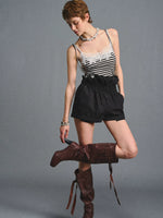 Black Chain-Strap Linen Shorts