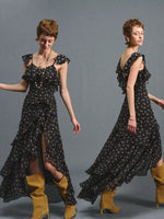 Black Floral Ruffle Maxi Dress