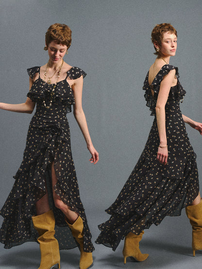 Black Floral Ruffle Maxi Dress
