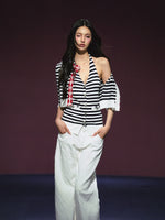 Contrast Stripe Halter Camisole Tank Top & Cardigan Set
