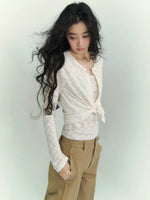 Lace Trim Stripe Cardigan Set