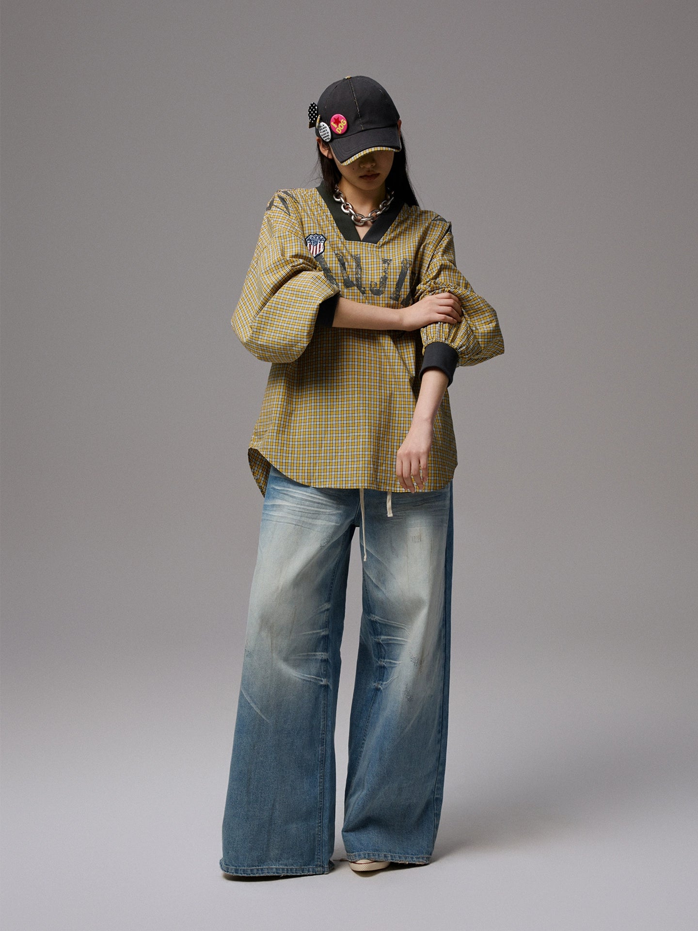 Vintage Plaid V-neck Loose Jersey