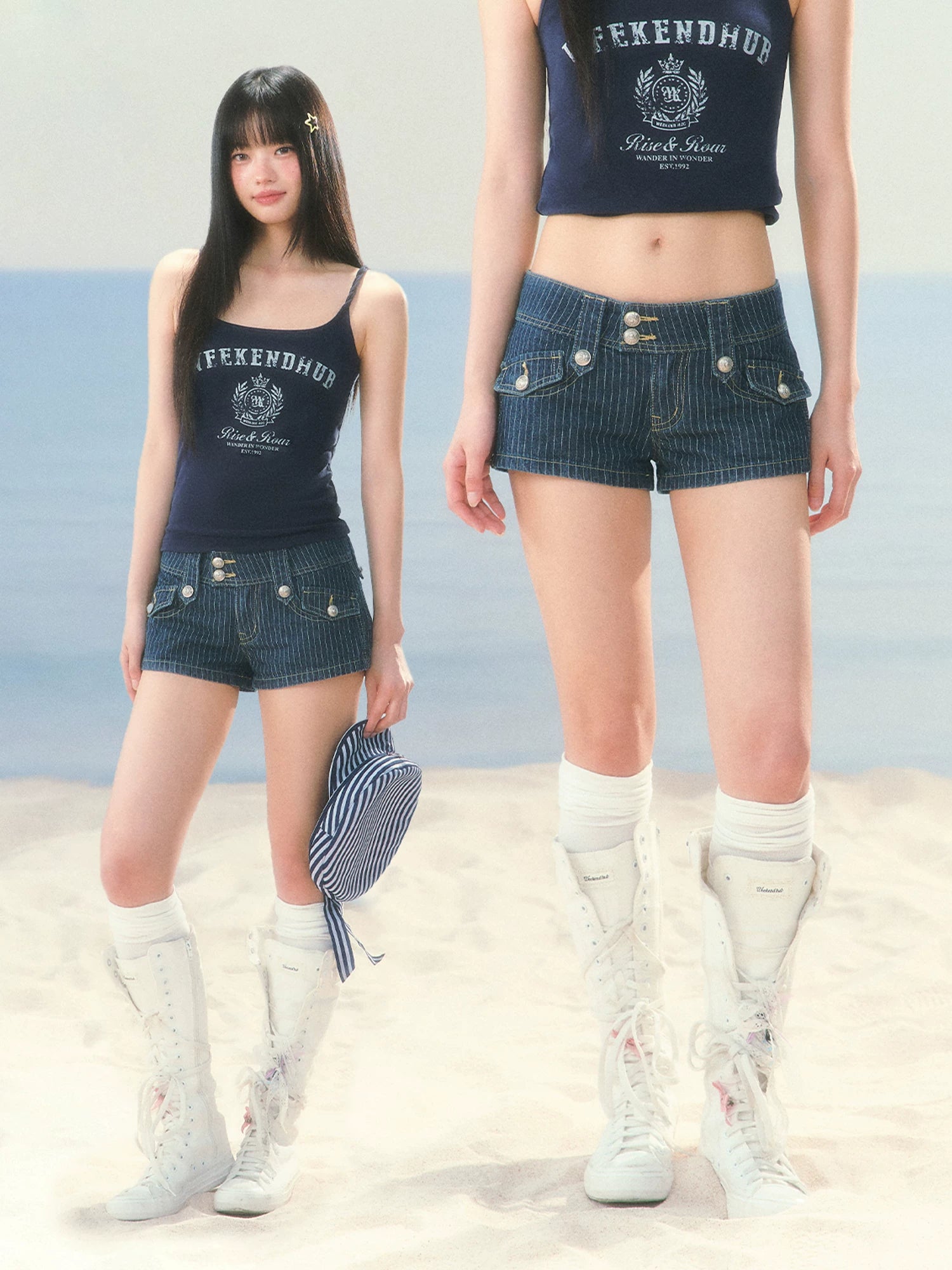 Striped Low-Waist Denim Shorts