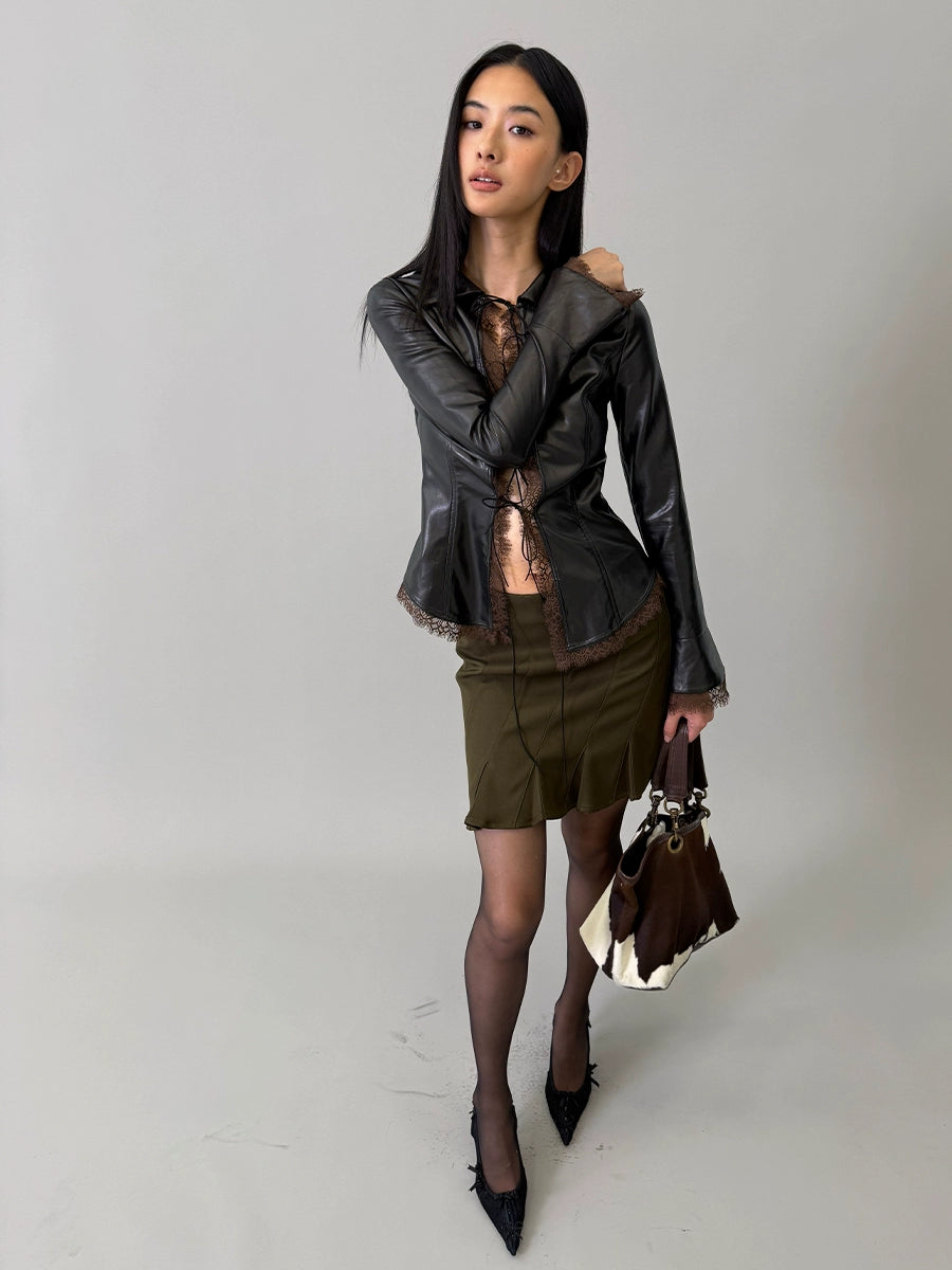 Faux-Leather Tie-Front Lace-Trim Cardigan