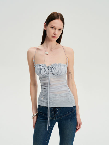 Beaded Strap Lace Splicing Acetate Cami Top