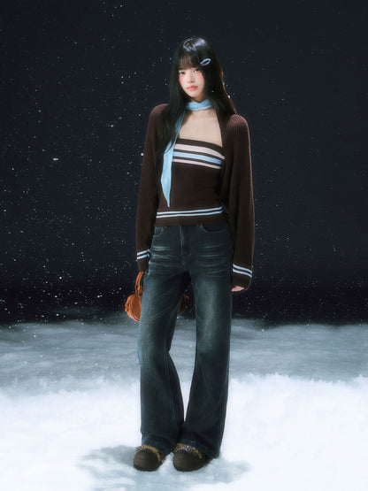 Brown Layered Knit Cardigan Set