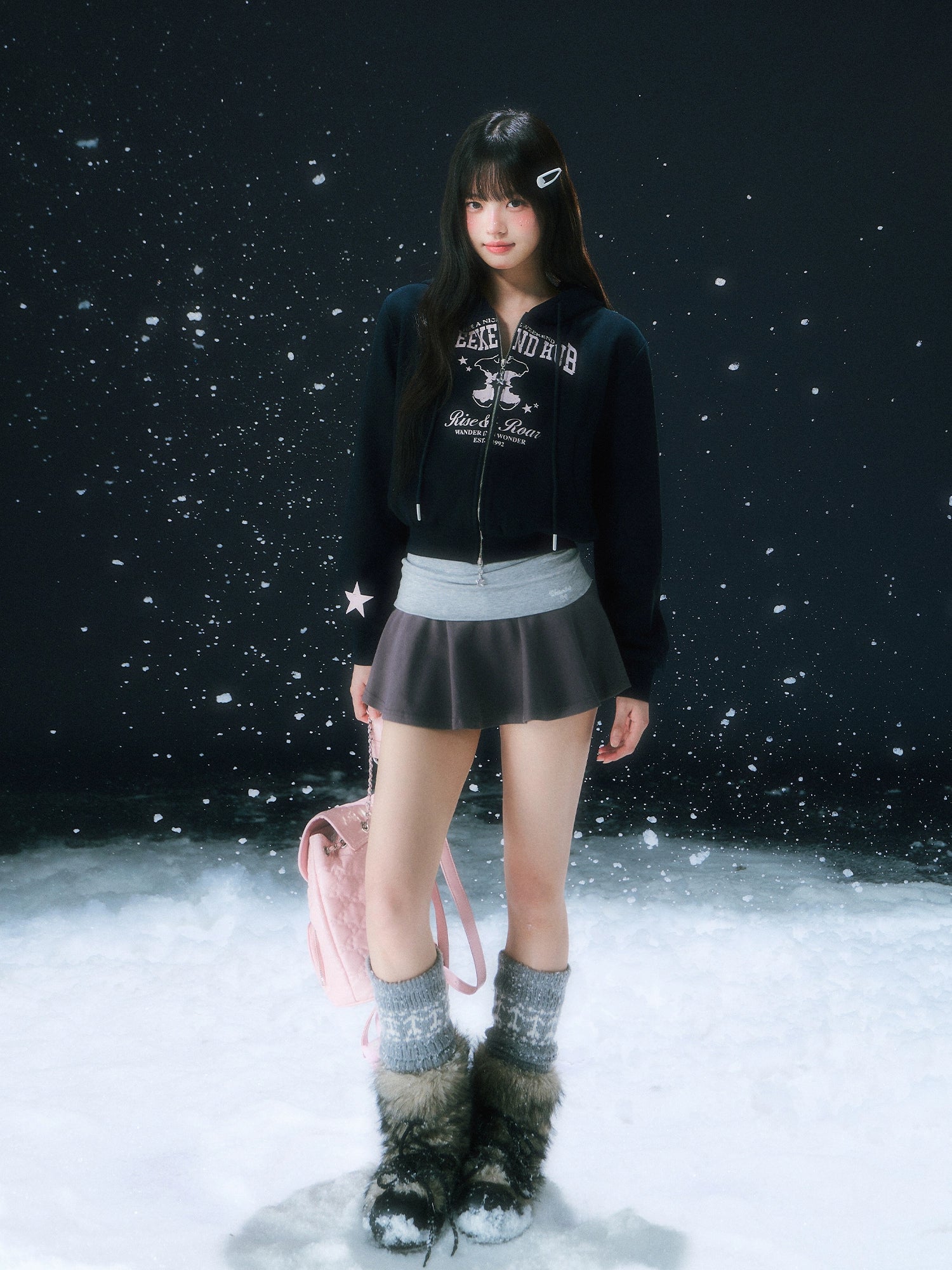 Navy Blue Retro Printed Cropped Hooded Sweatshirt