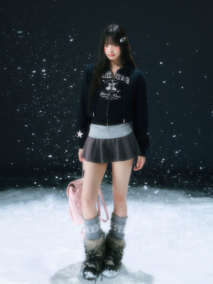 Navy Blue Retro Printed Cropped Hooded Sweatshirt