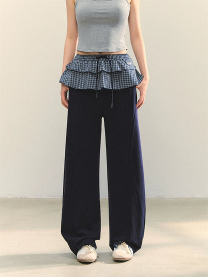 Plaid Ruffle Drawstring Pleated Shirt &amp; Sweatpants Set