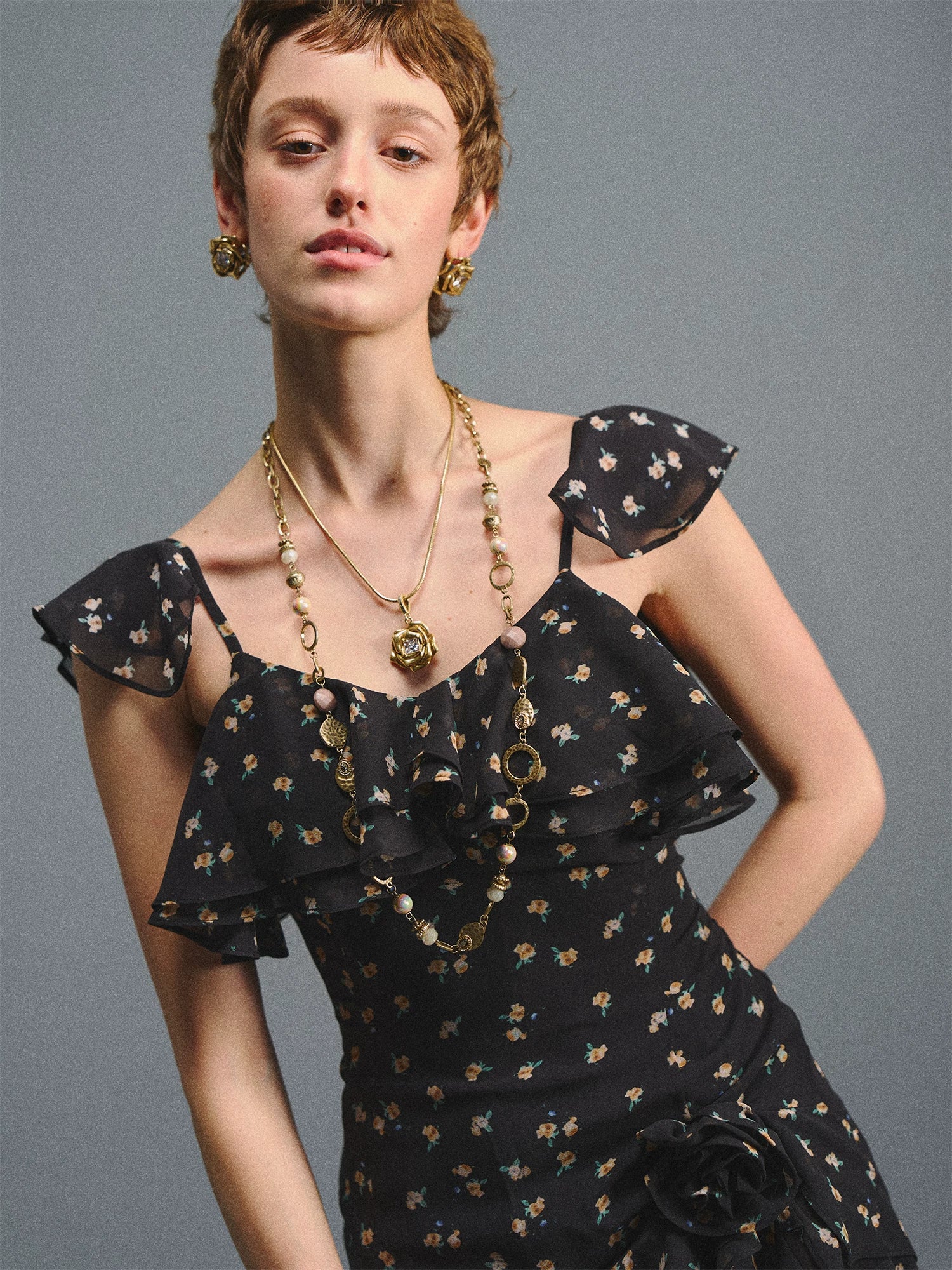 Black Floral Ruffle Maxi Dress