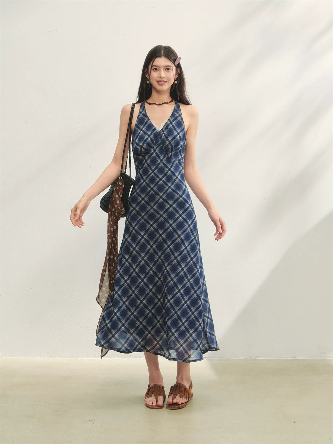 V-Neck Lace Spliced Halter Dress