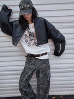 Letter Print Structured Cropped Moto Leather Jacket
