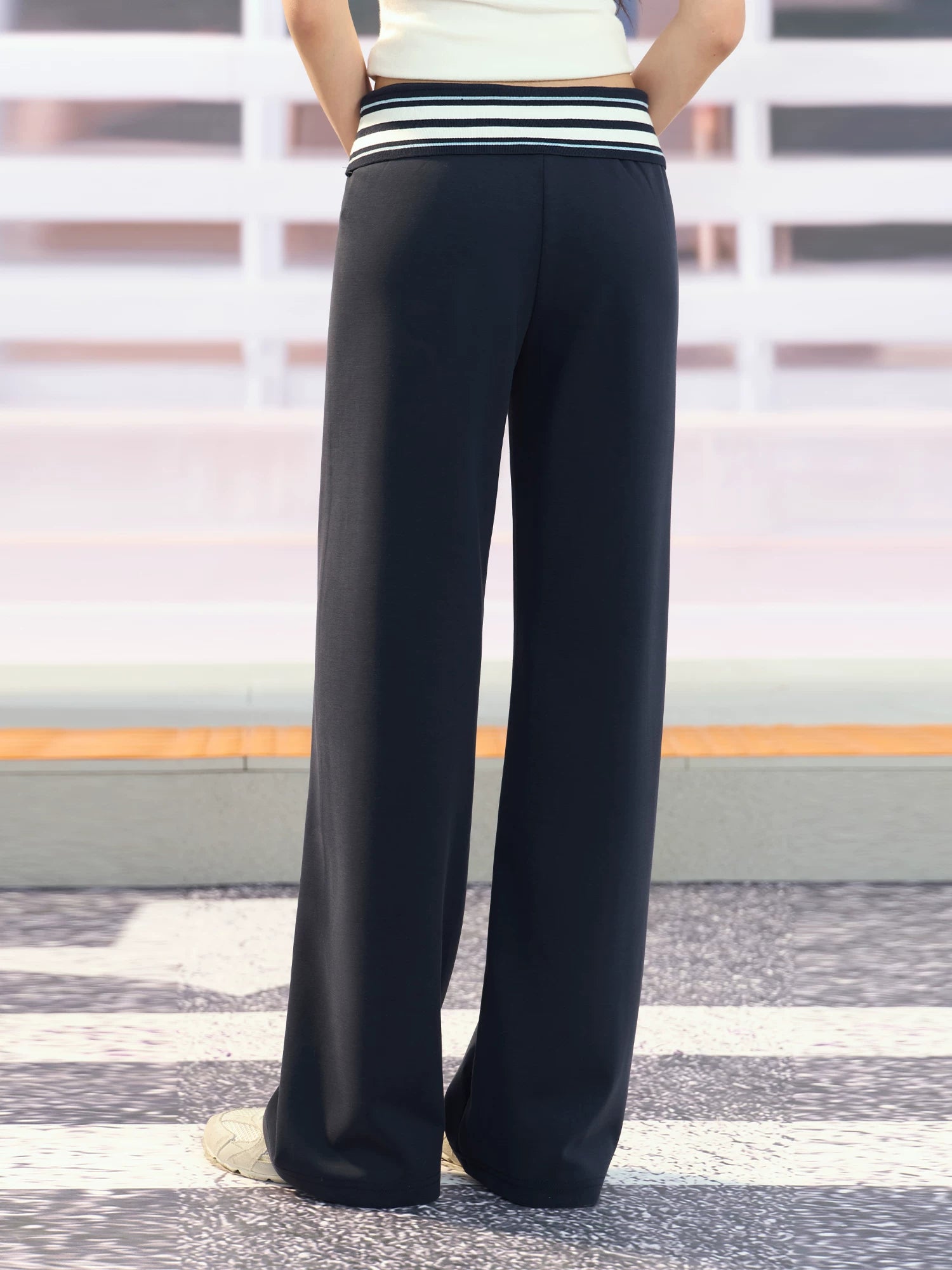 Navy Striped Drawstring Wide Leg Pants