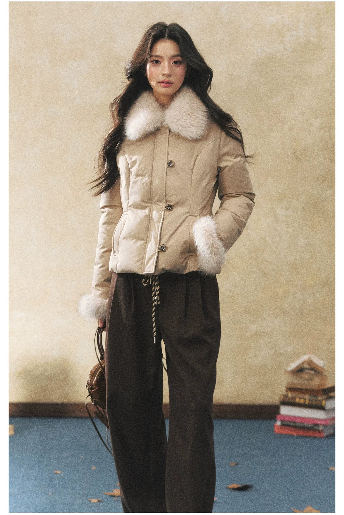 Khaki Faux Fur Collar Puffer Jacket