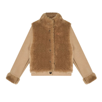 Eco-Faux Fur Knit Stand Collar Jacket