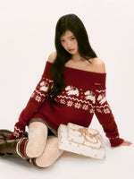 Red Fair Isle Off-Shoulder Knit Top