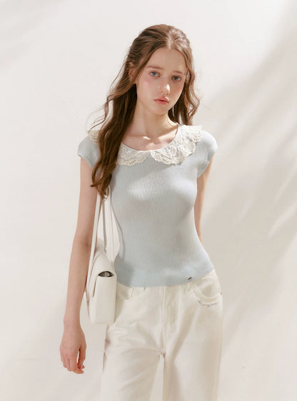 Lace-Collar Knit T-Shirt