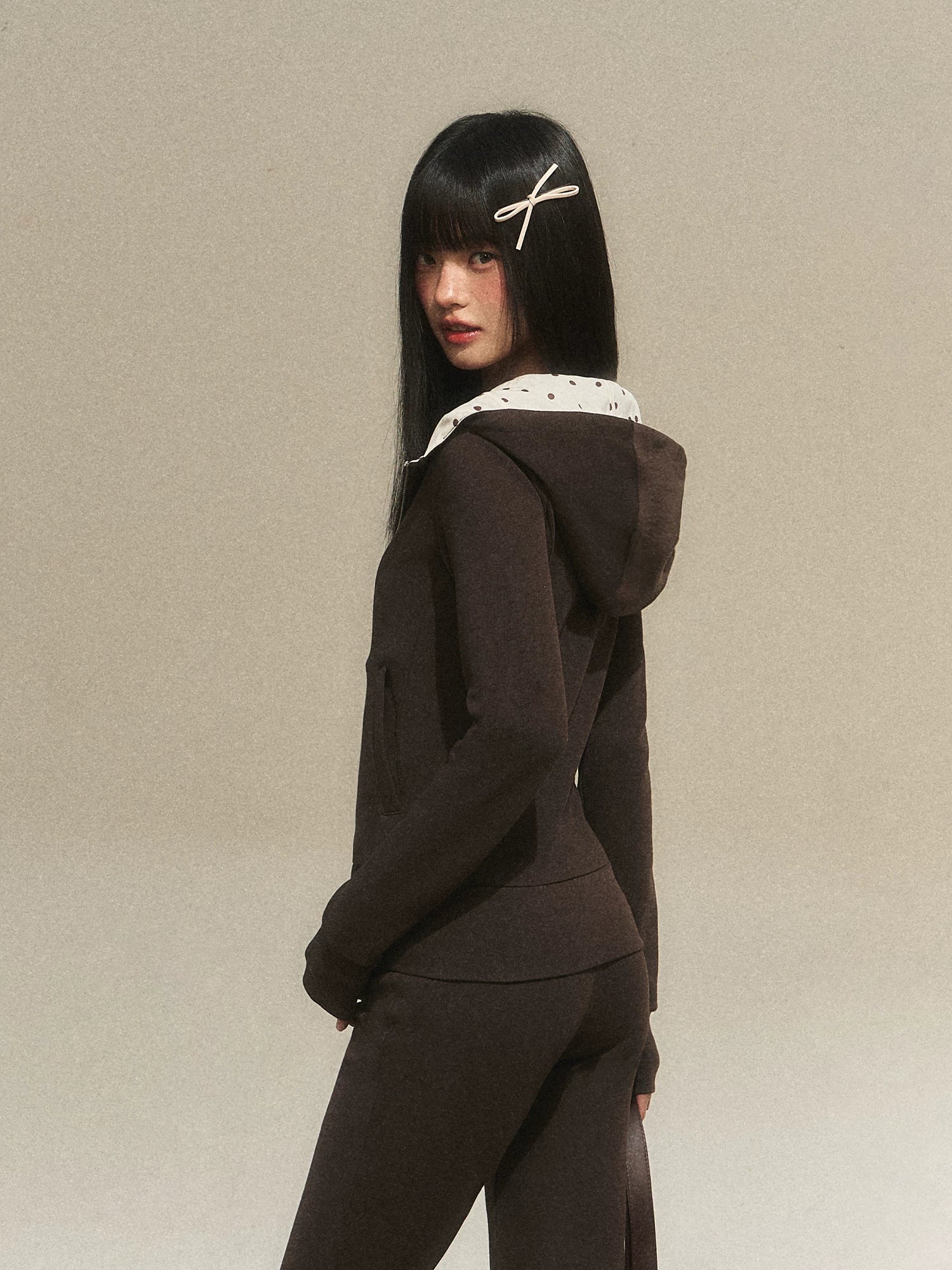 Polka Dot Contrast Zip Hoodie Set