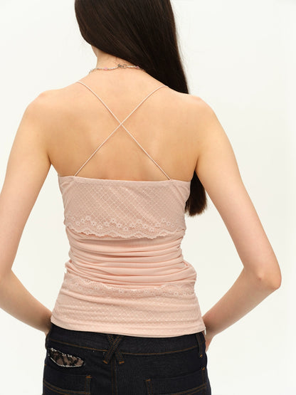 Beaded Strap Lace Splicing Acetate Cami Top