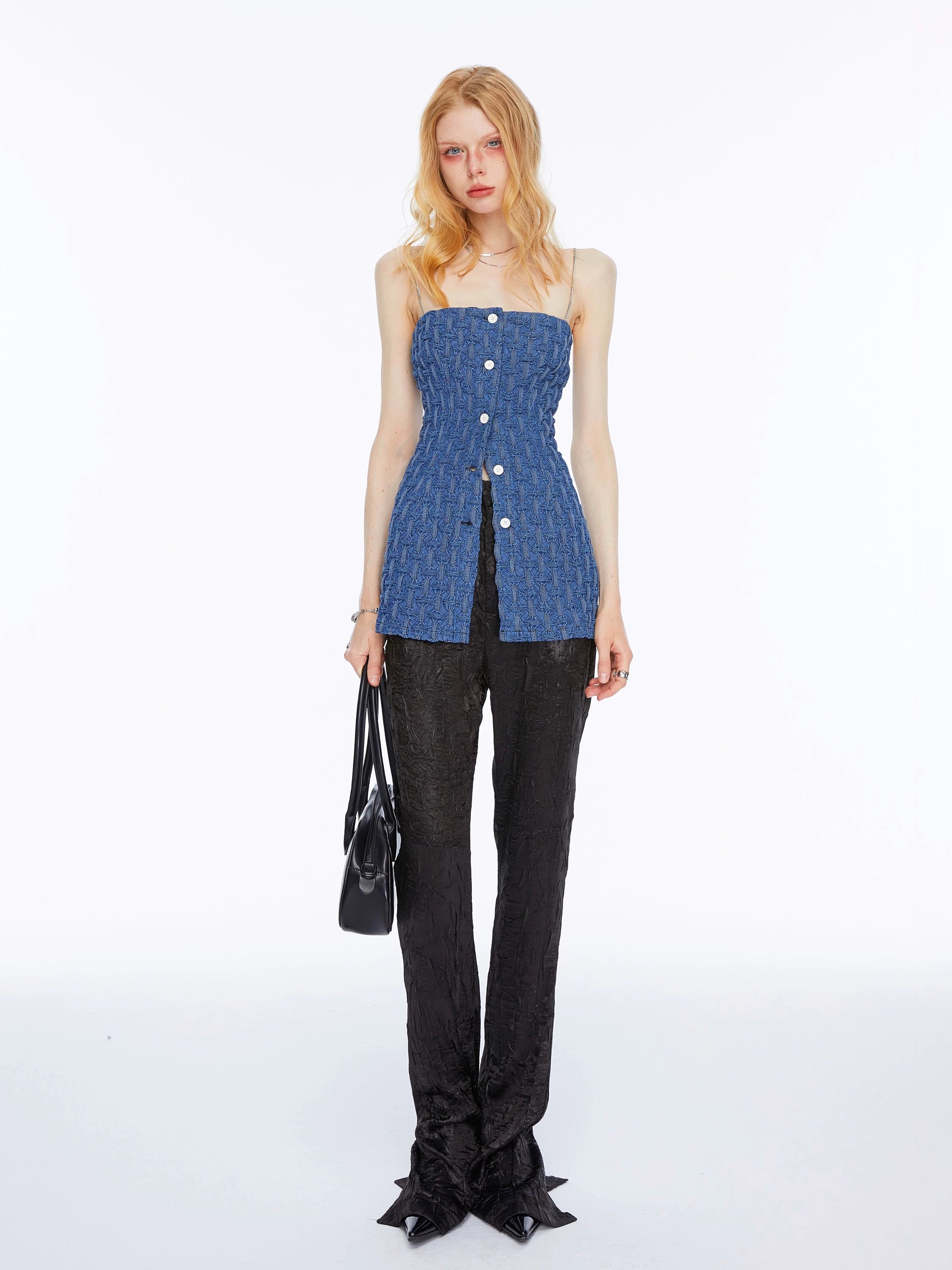 Ruched Denim Bustier Top