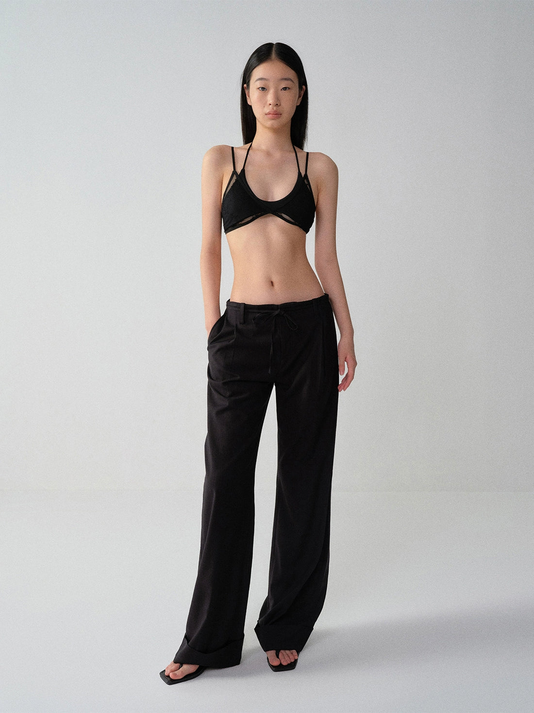 Black-Red Striped Cuffed Suit Wide-Leg Pants