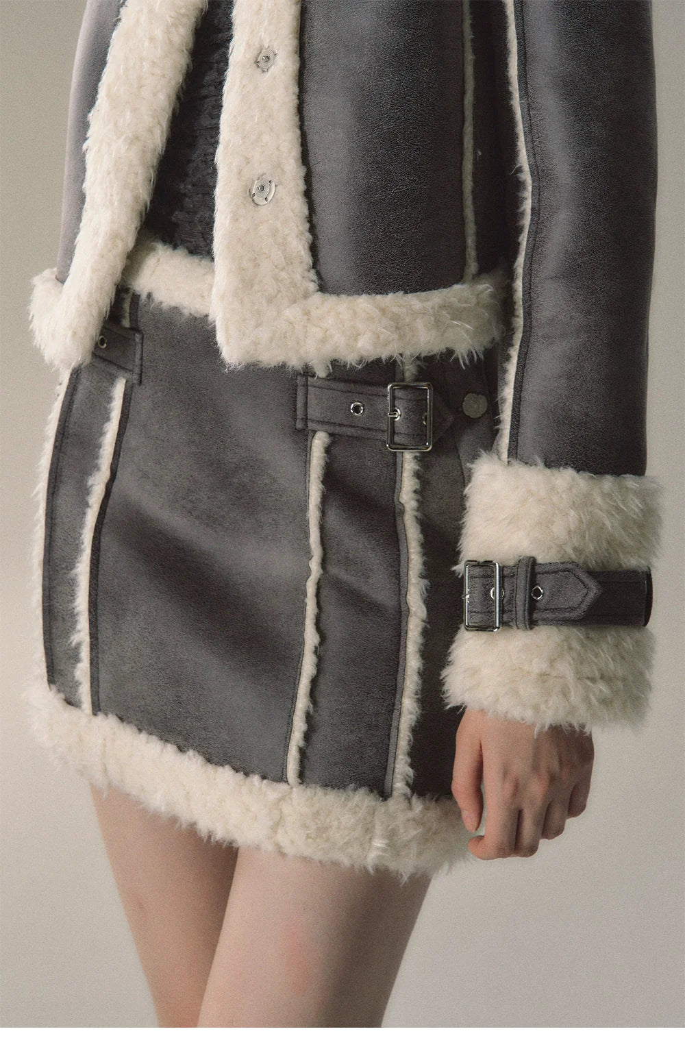 Grey Short Plush Shearling Jacket &amp; Skirt Set