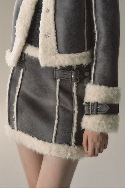 Grey Short Plush Shearling Jacket &amp; Skirt Set