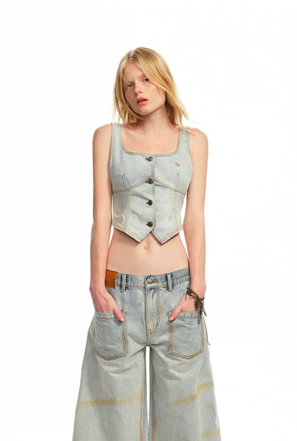 Washed Slightly Elastic Retro Vest
