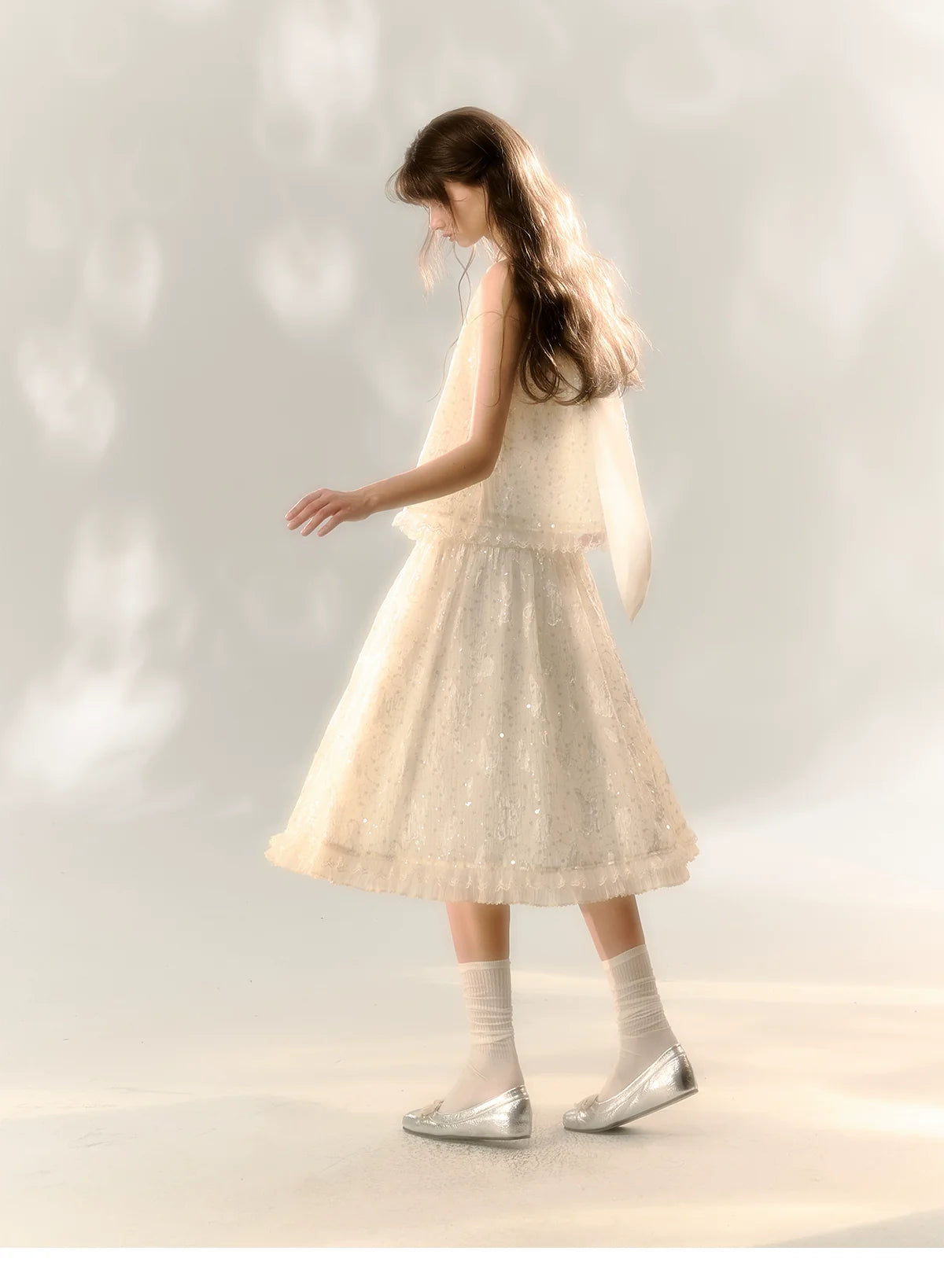 White Butterfly Lace Halter Top  &amp; Midi Skirt Set