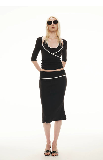 Contrast Knit Halter Skirt Set