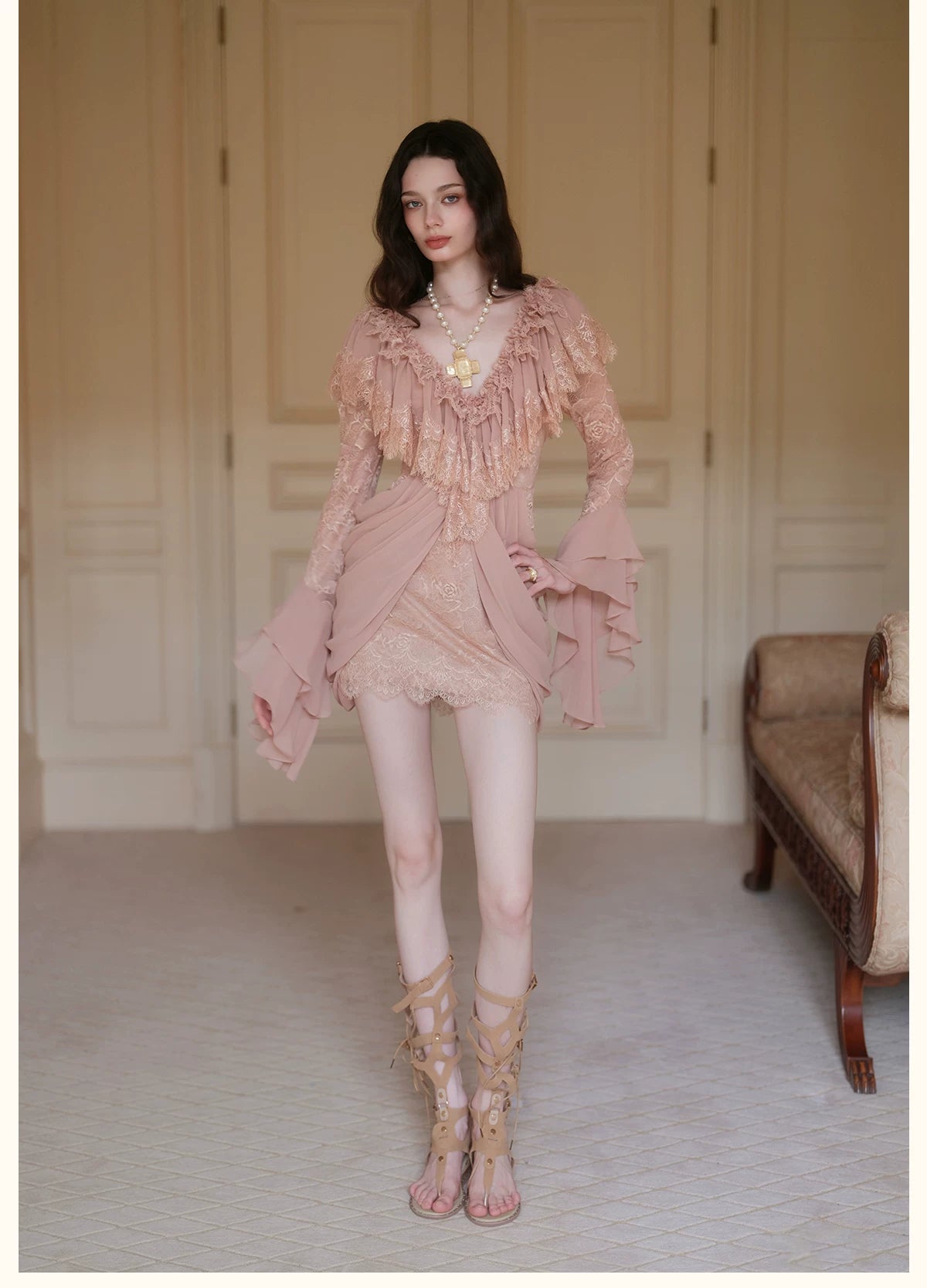 V-Neck Lace Pleated Dress