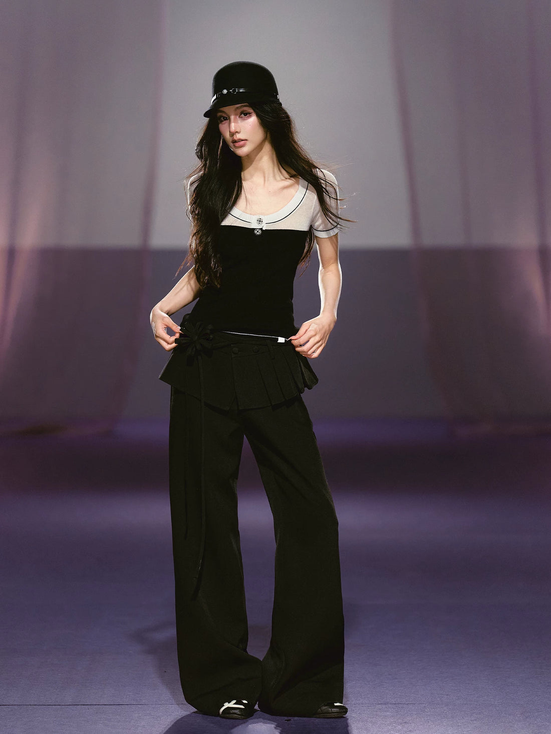 Layered Pleated Panel Straight Pants