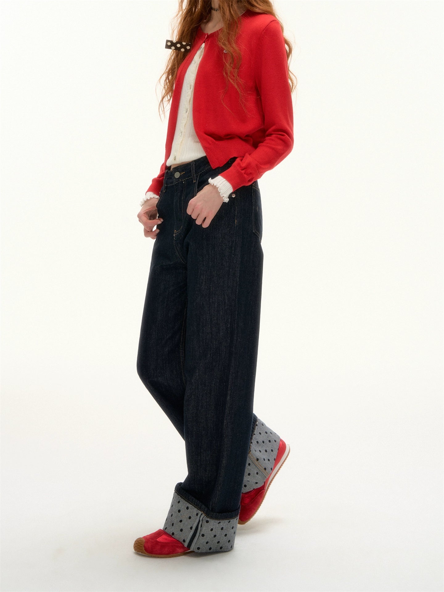 Contrast Cuff Polka Dot Denim Pants
