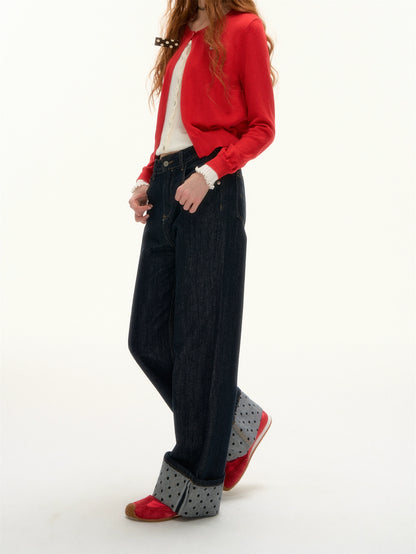 Contrast Cuff Polka Dot Denim Pants